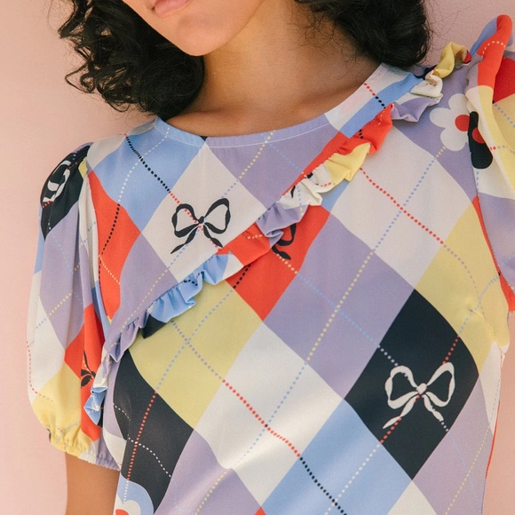 NWT Lisa Says Gah Teagan Ruffle Dress Cirque Argyle Plaid Flower Bow Size Small - Picture 6 of 7